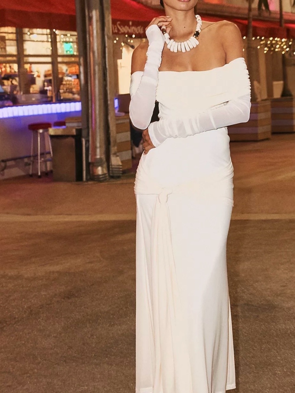 Bardot Off-Shoulder Strapless White Evening Gown